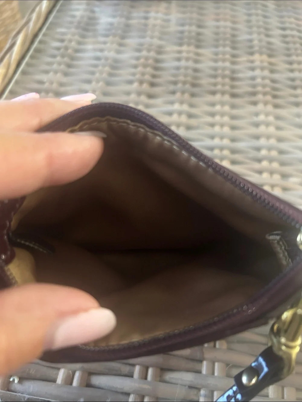 Coach Patent Leather Wristlet - Deep Plum with Gold Hardware